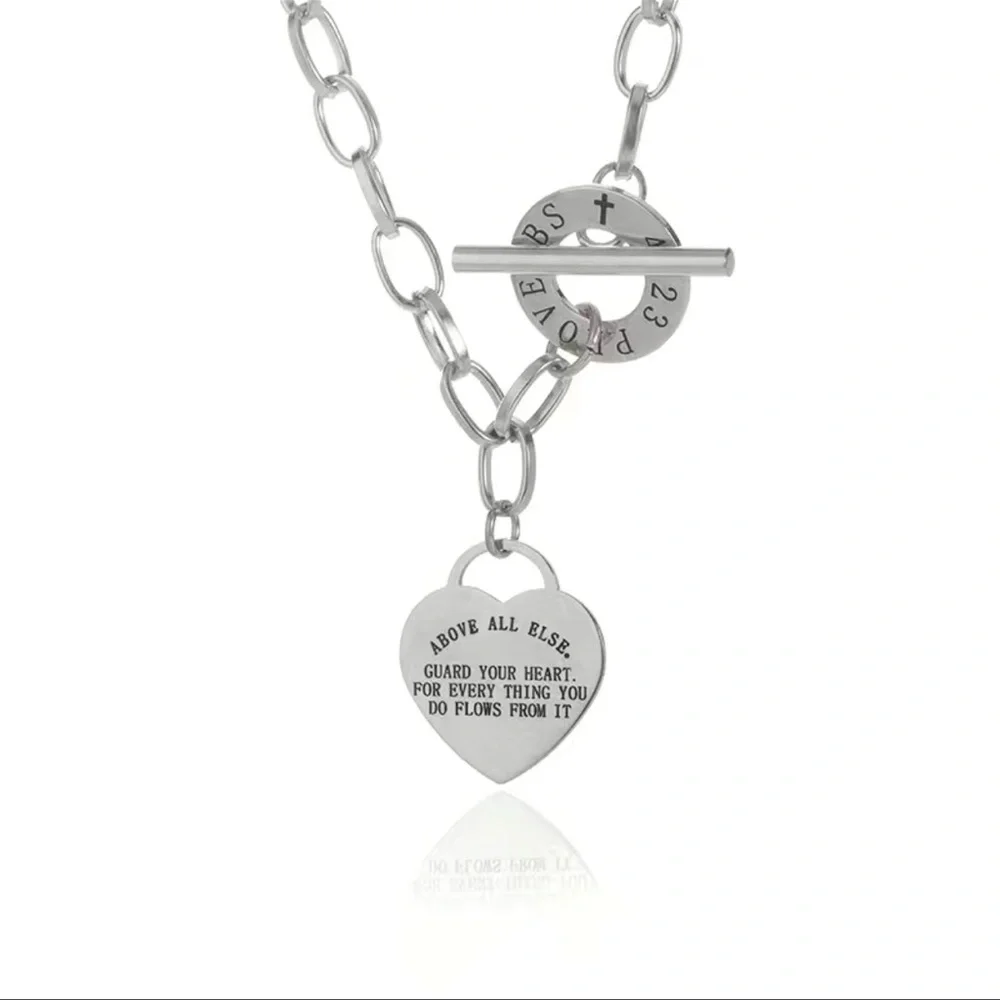 New Proverbs 4:23 Handmade 316L Stainless Steel Cross Heart Pendant Necklace
